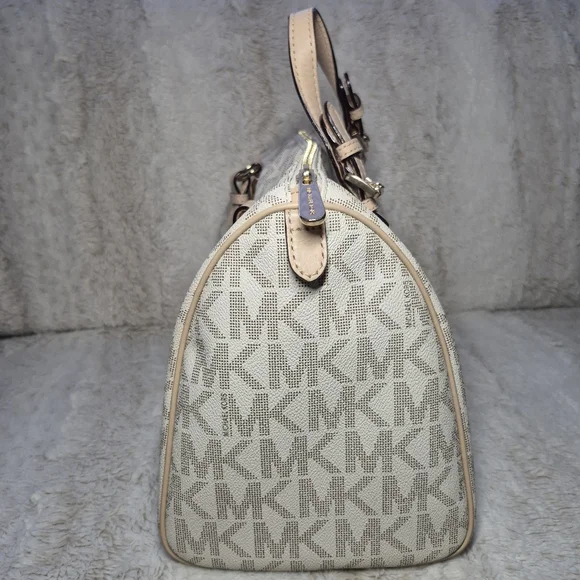 Michael Kors White and Tan Signature Satchel Purse Perfect For Everyday Styling - Picture 3 of 12